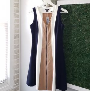 Ann Taylor Zipper Dress Navy/White/Tan Petite 2